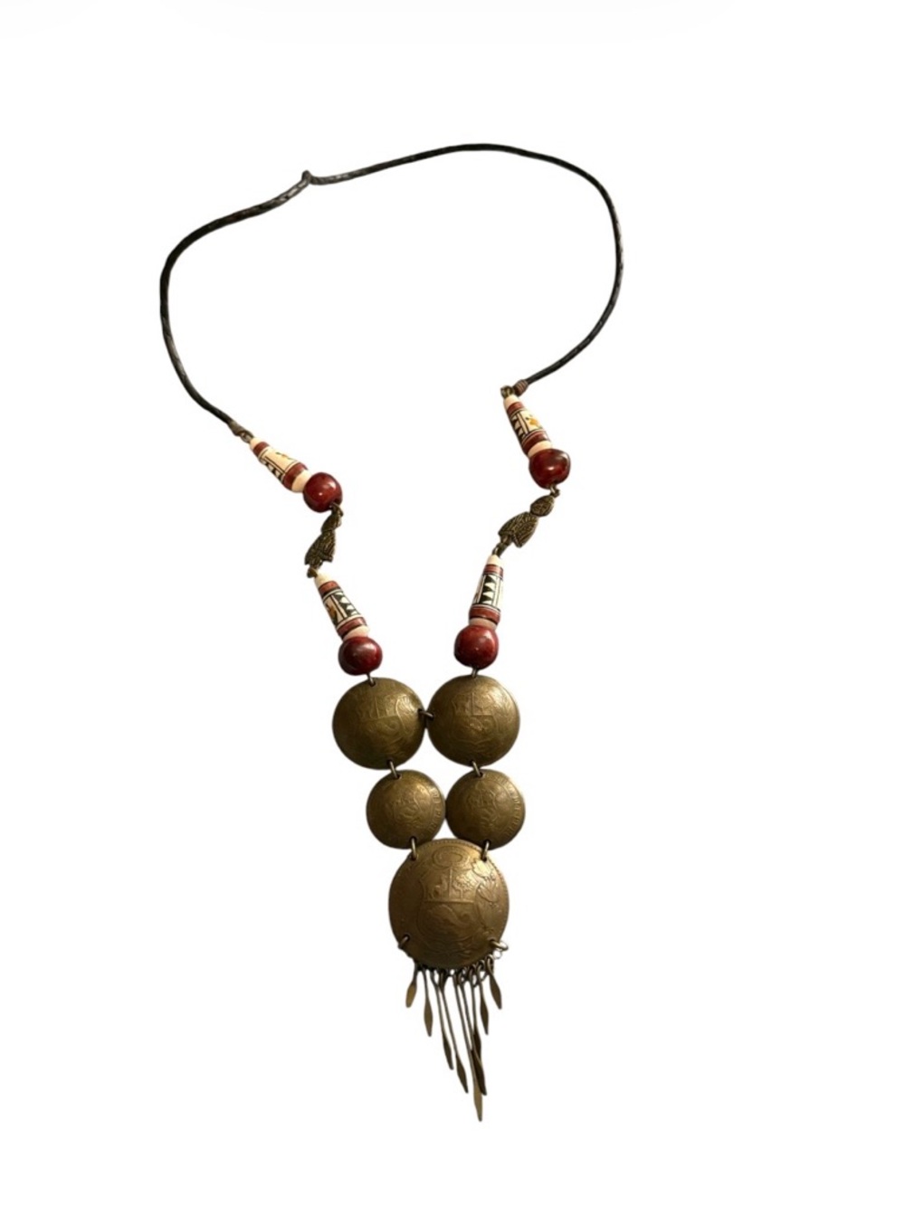 Vintage ~ Handmade ~ Tribal Necklace ~ Coin Like Pendants ~ Red Beads